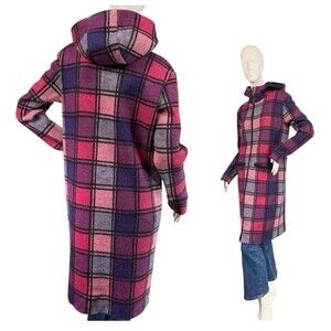 Vintage Magenta Pink Purple Windowpane Knit Sweater Hooded Coat Coatigan Size M